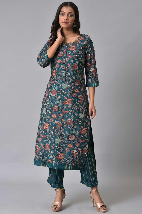 Teal Printed Embellished kurta Pant Set