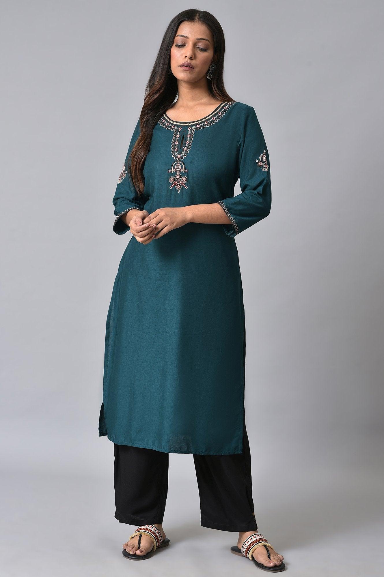 Teal Embroidered Plus Size Round Neck kurta - wforwoman