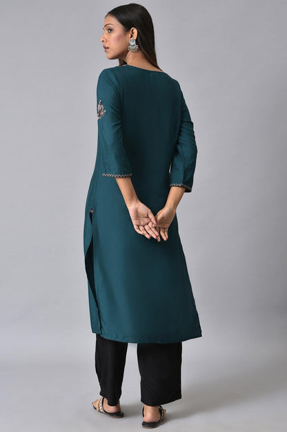 Teal Embroidered Plus Size Round Neck kurta - wforwoman