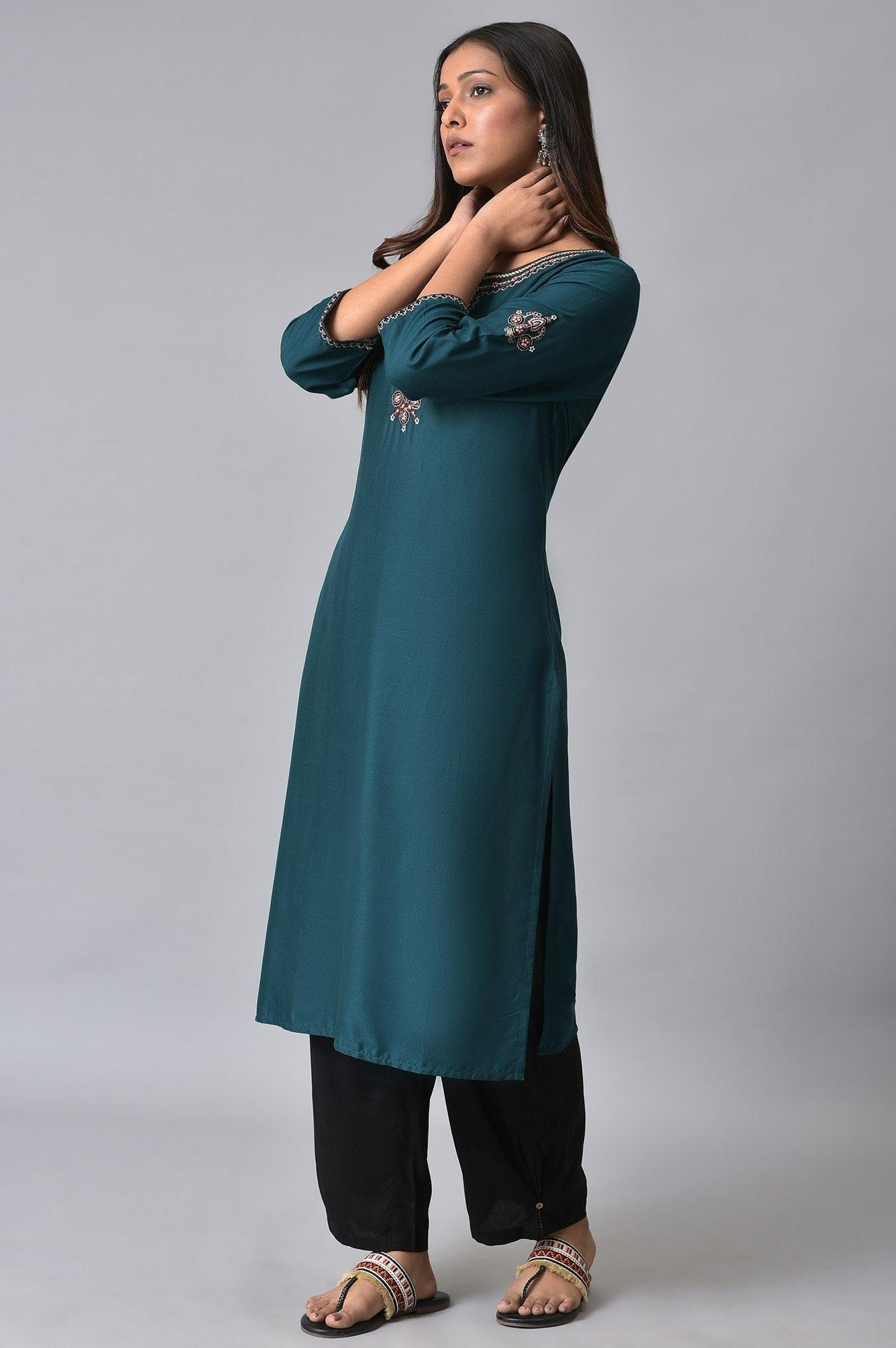 Teal Embroidered Plus Size Round Neck kurta - wforwoman