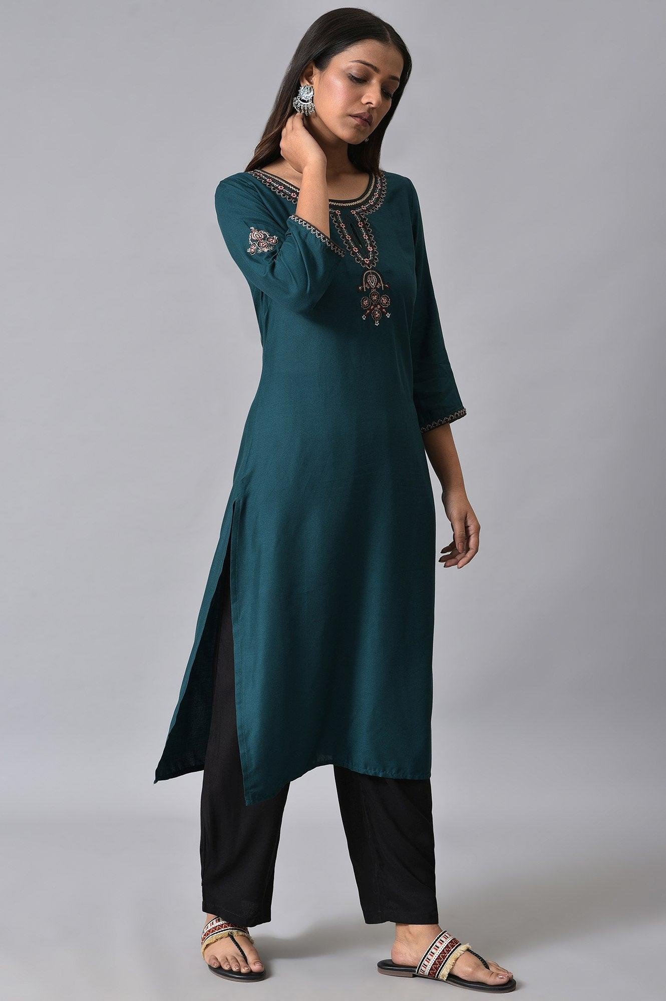 Teal Embroidered Plus Size Round Neck kurta - wforwoman