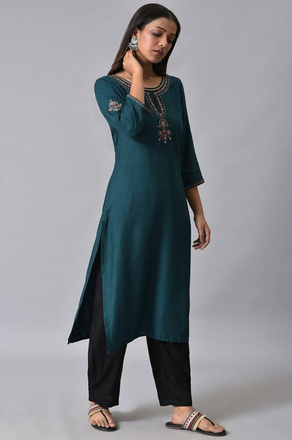 Teal Embroidered Plus Size Round Neck kurta - wforwoman