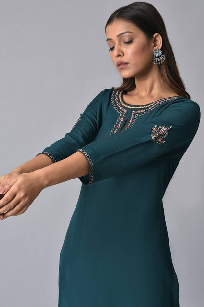 Teal Embroidered Plus Size Round Neck kurta - wforwoman