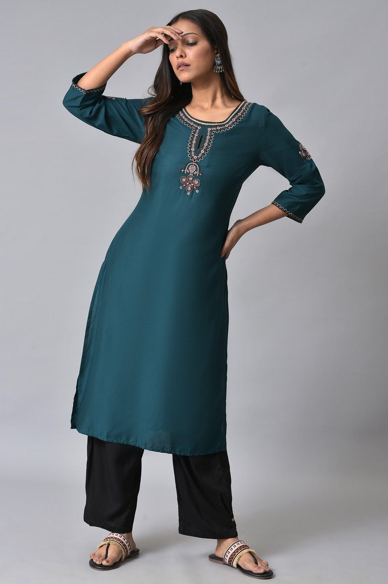 Teal Embroidered Plus Size Round Neck kurta - wforwoman