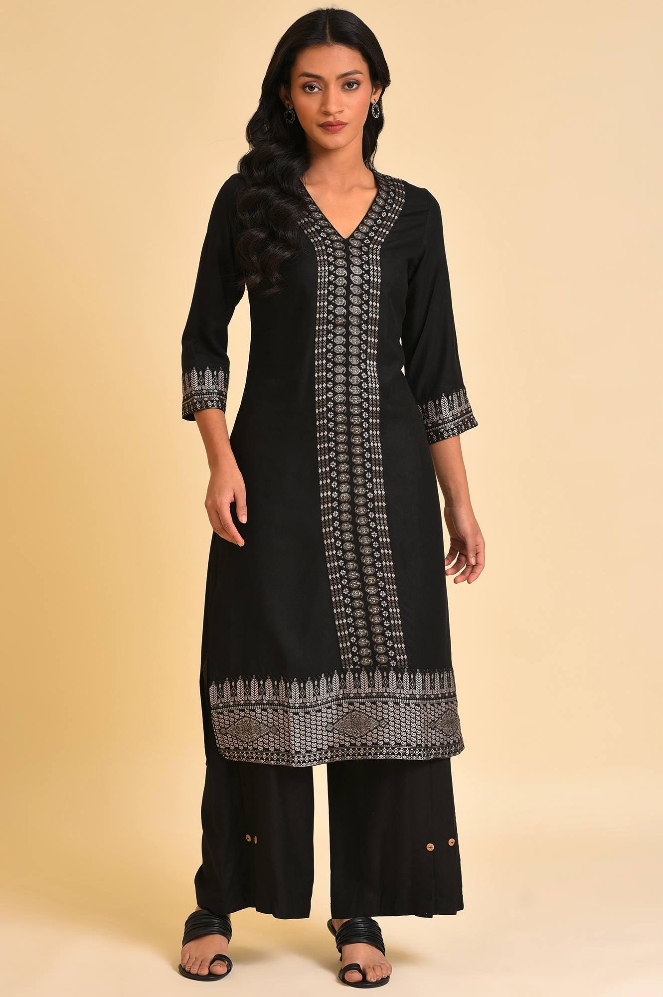 Black Placement Print kurta &amp; Parallel Pants Set - wforwoman