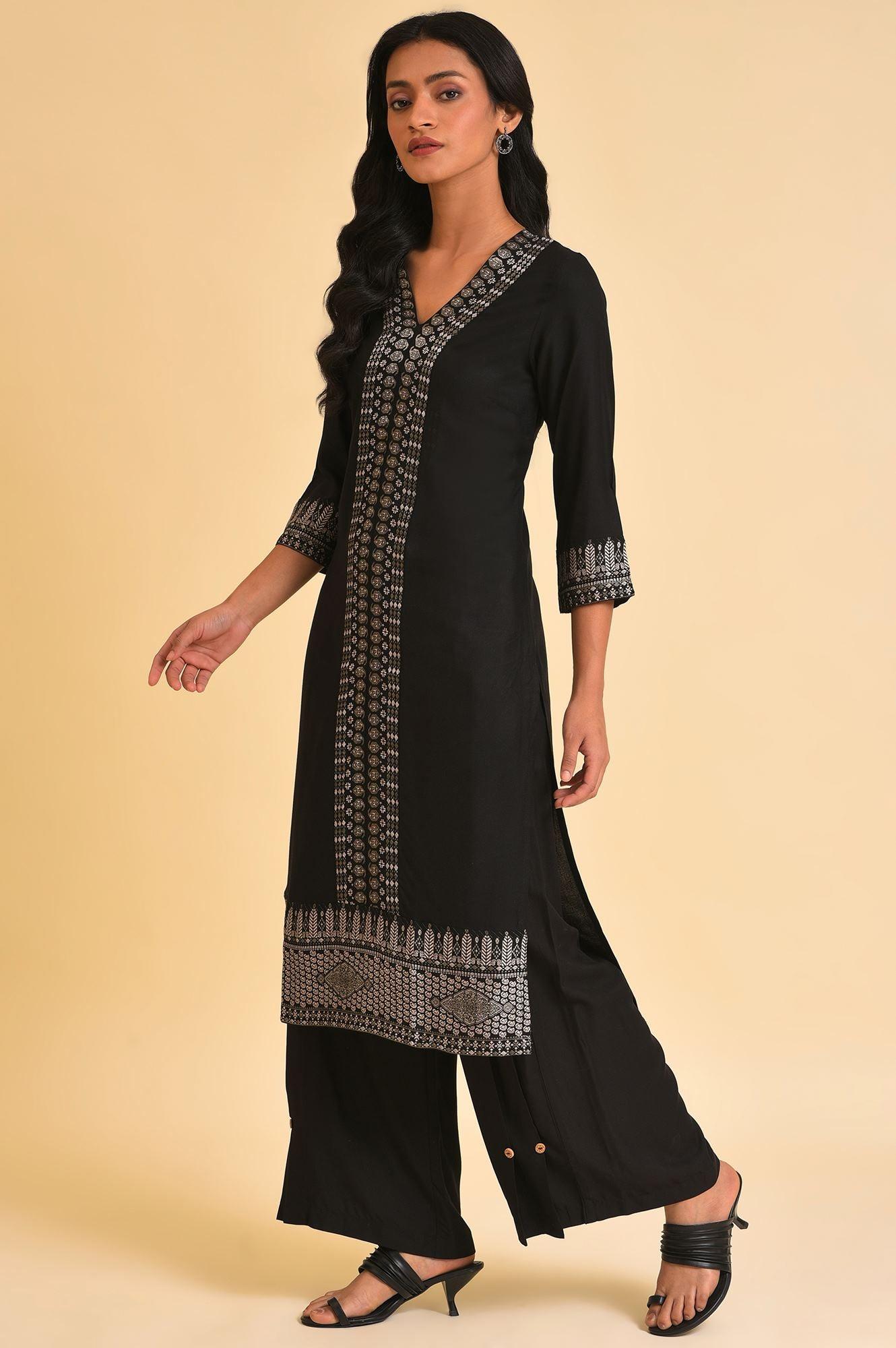 Black Placement Print kurta &amp; Parallel Pants Set - wforwoman