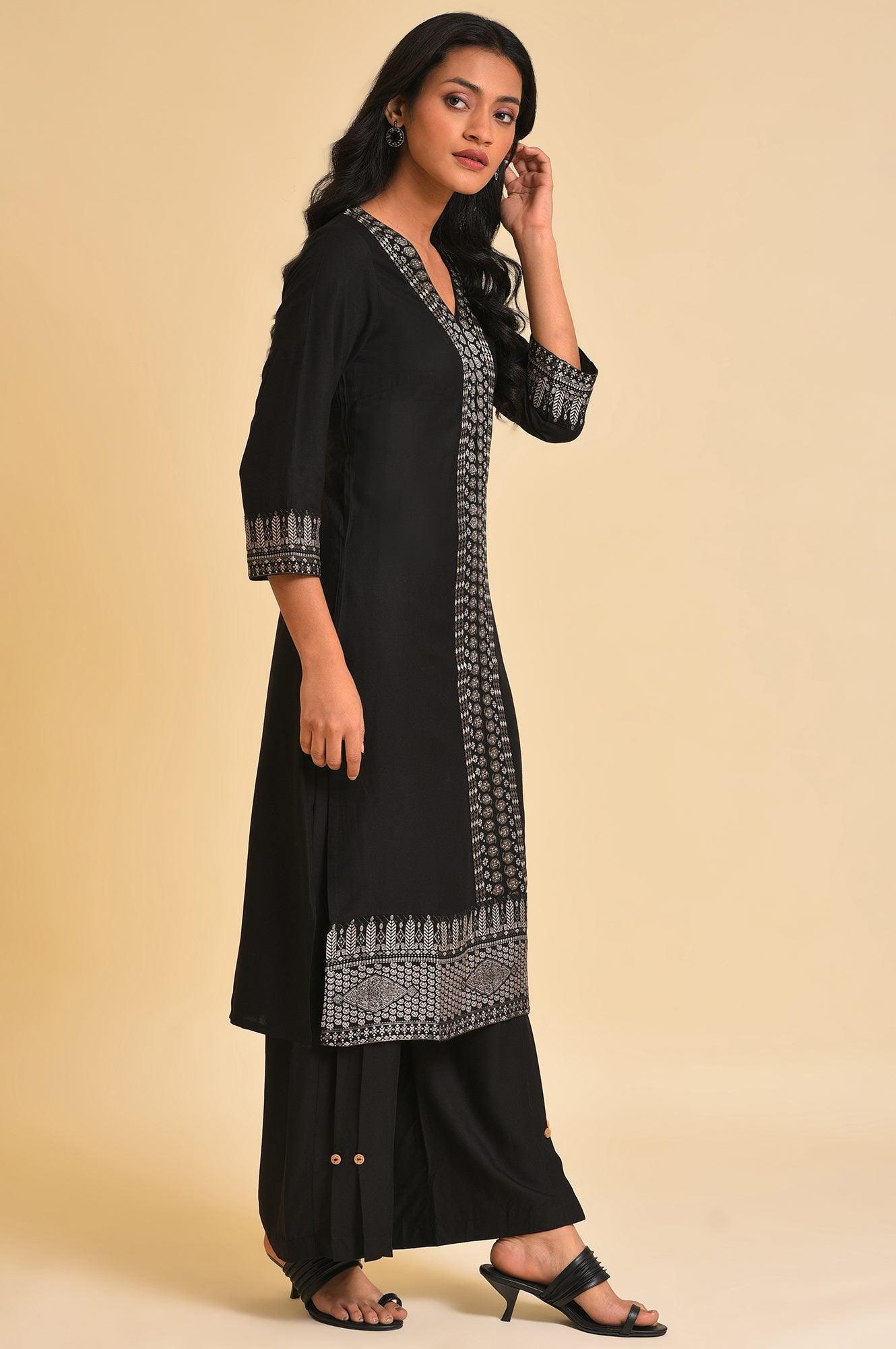 Black Placement Print kurta &amp; Parallel Pants Set - wforwoman