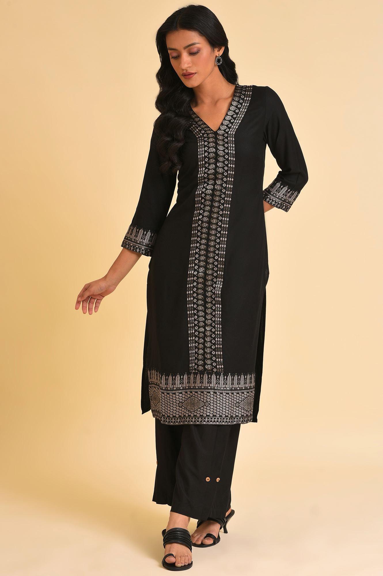 Black Placement Print kurta &amp; Parallel Pants Set - wforwoman