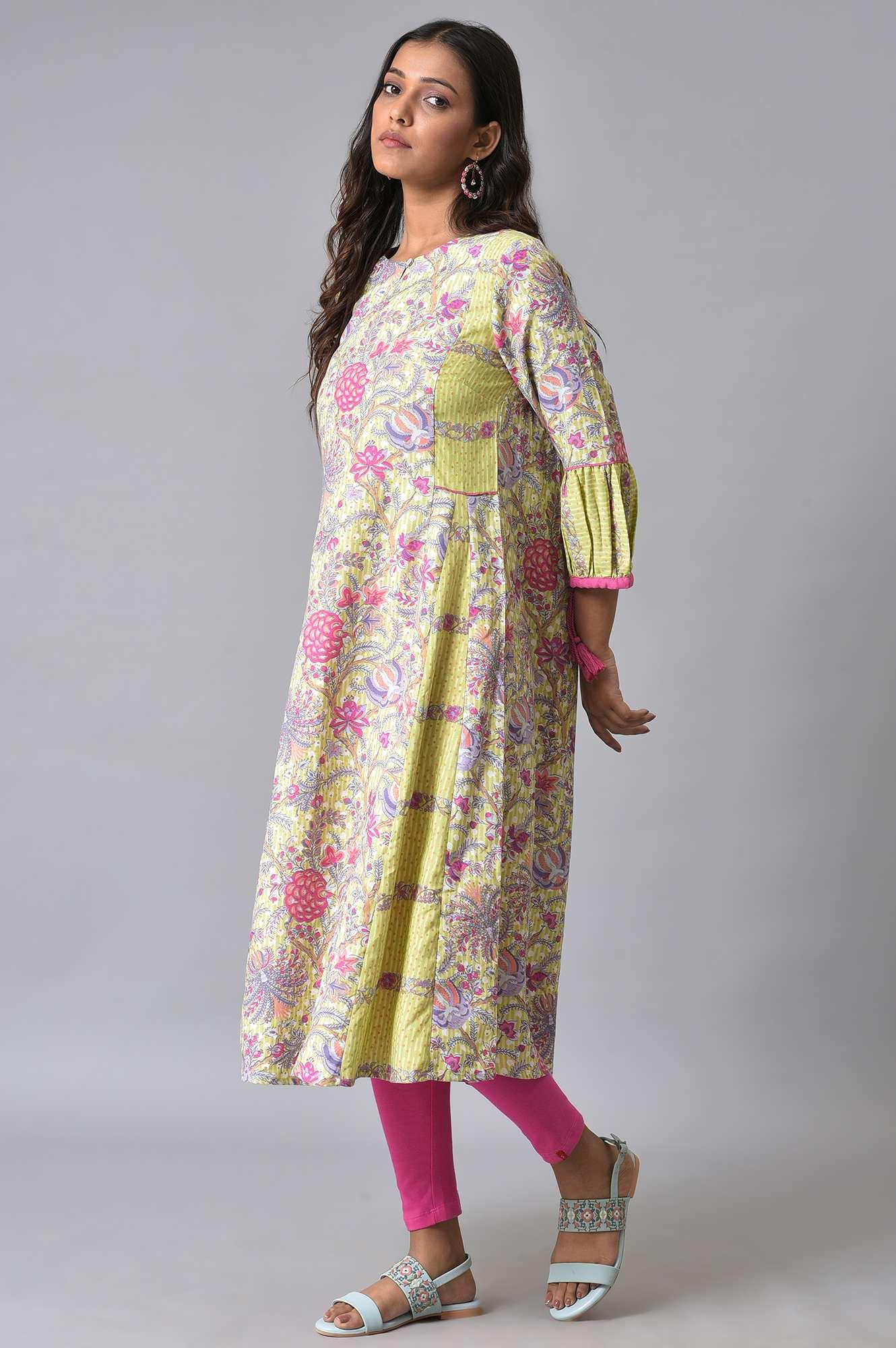 Green Printed Godget Summer Dress With Pink Tights - wforwoman