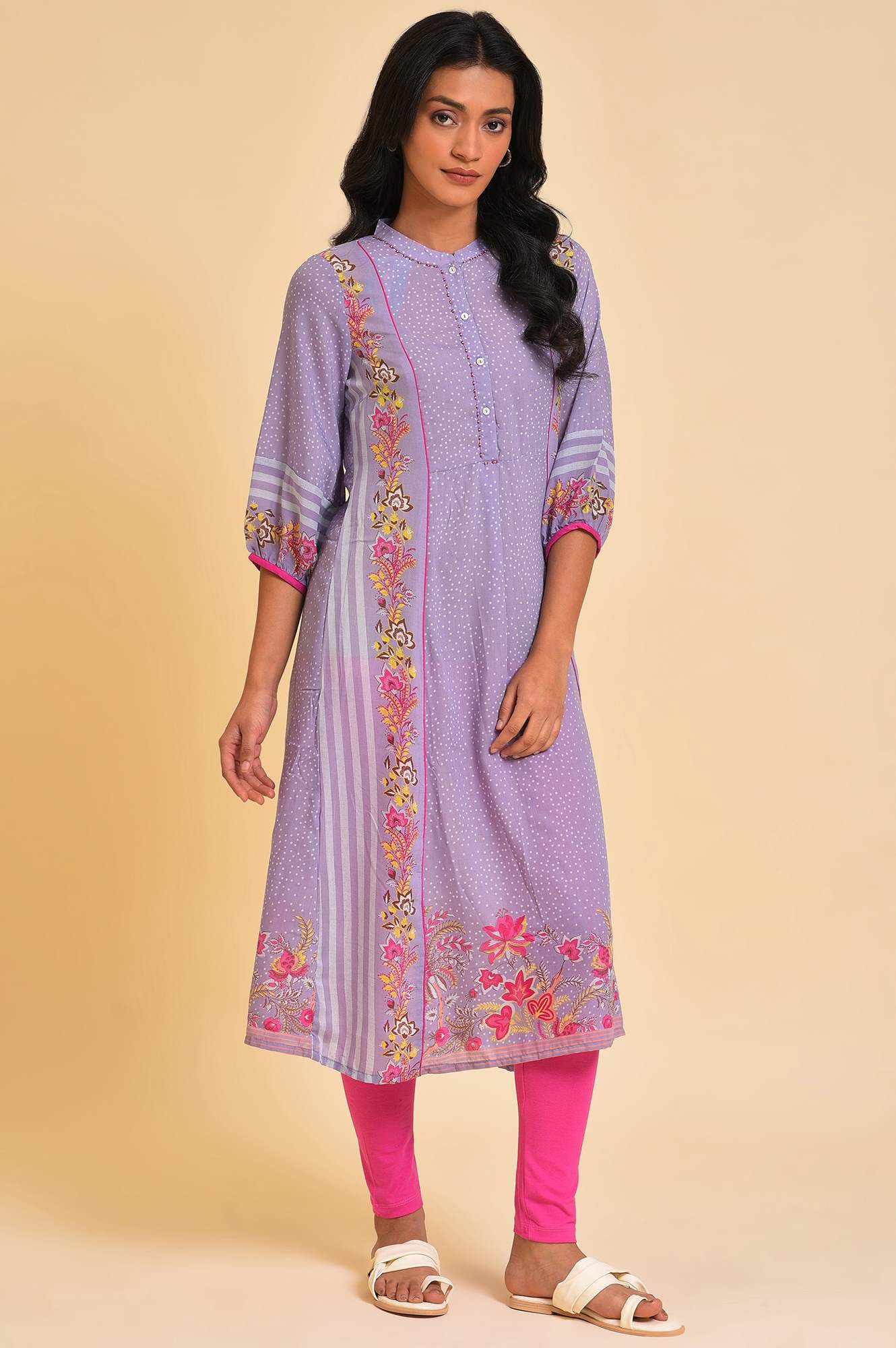 Light Purple Placement Printed Tunic And Tights Set