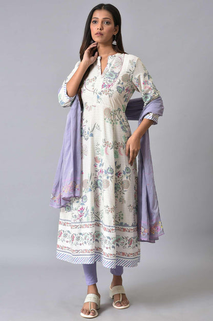 Ecru Floral Printed Flared kurta Set - wforwoman