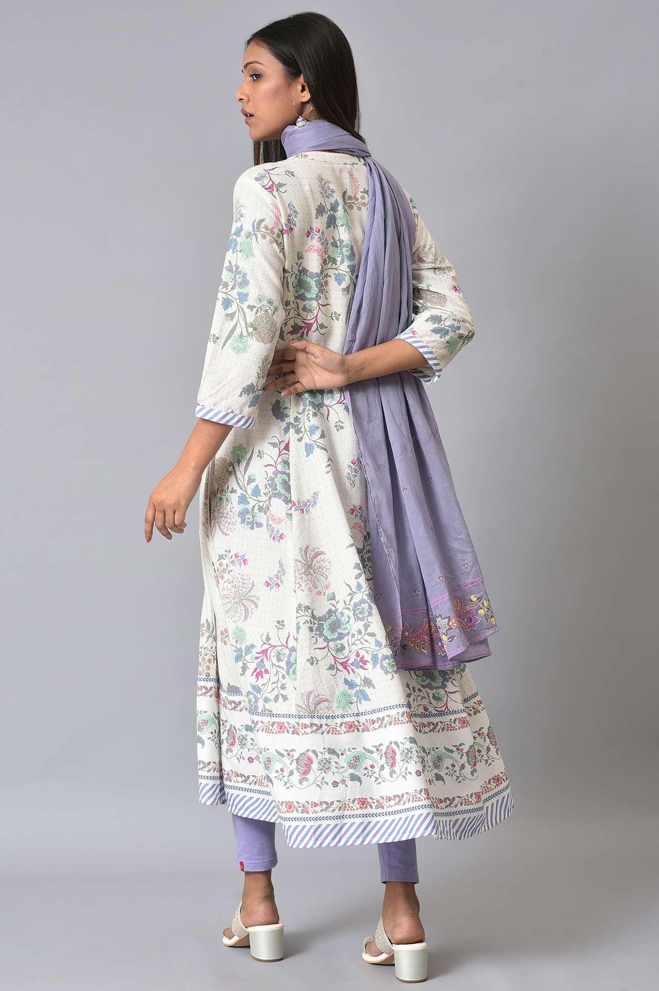 Ecru Floral Printed Flared kurta Set - wforwoman