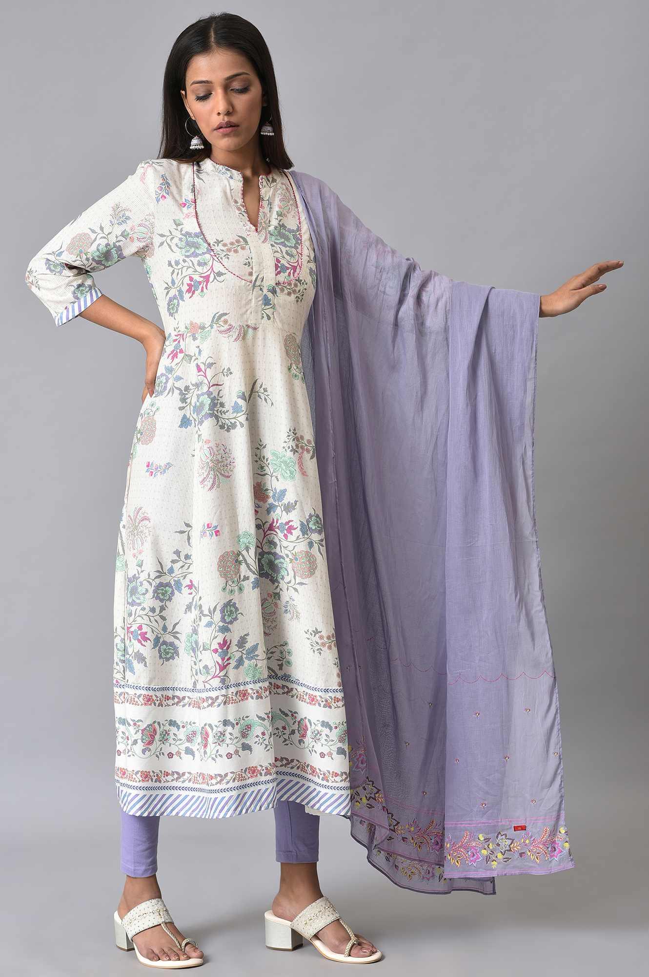 Ecru Floral Printed Flared kurta Set - wforwoman