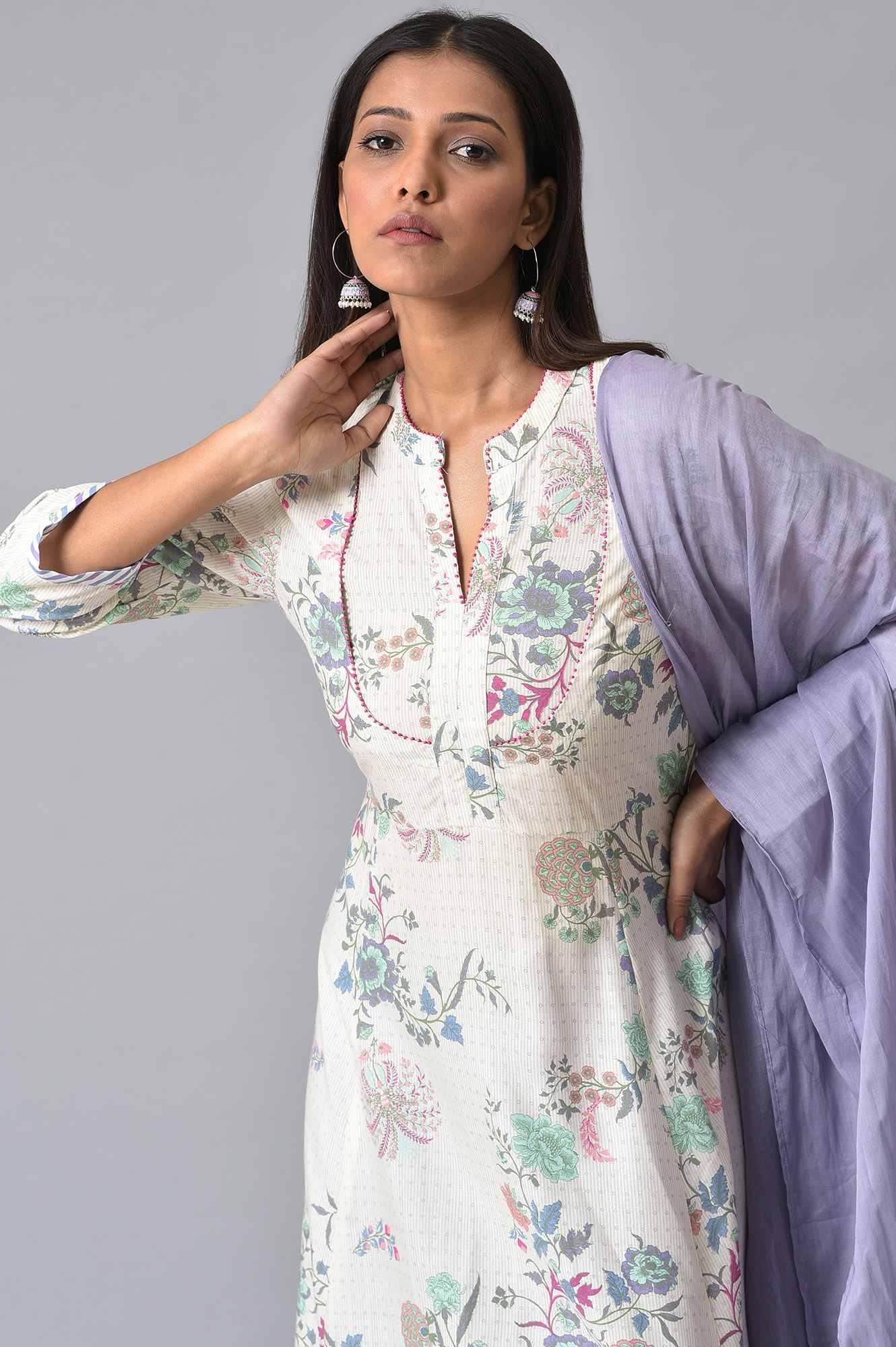 Ecru Floral Printed Flared kurta Set - wforwoman