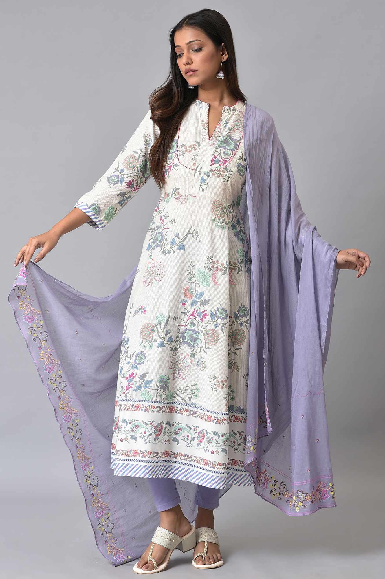 Ecru Floral Printed Flared kurta Set - wforwoman