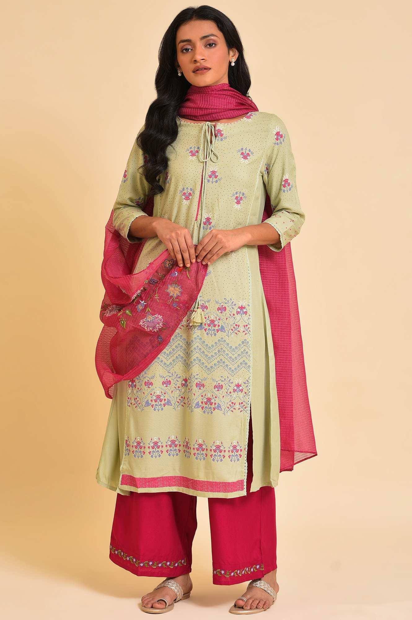 Green Embroidered kurta, Parallel Pants &amp; Dupatta Set - wforwoman