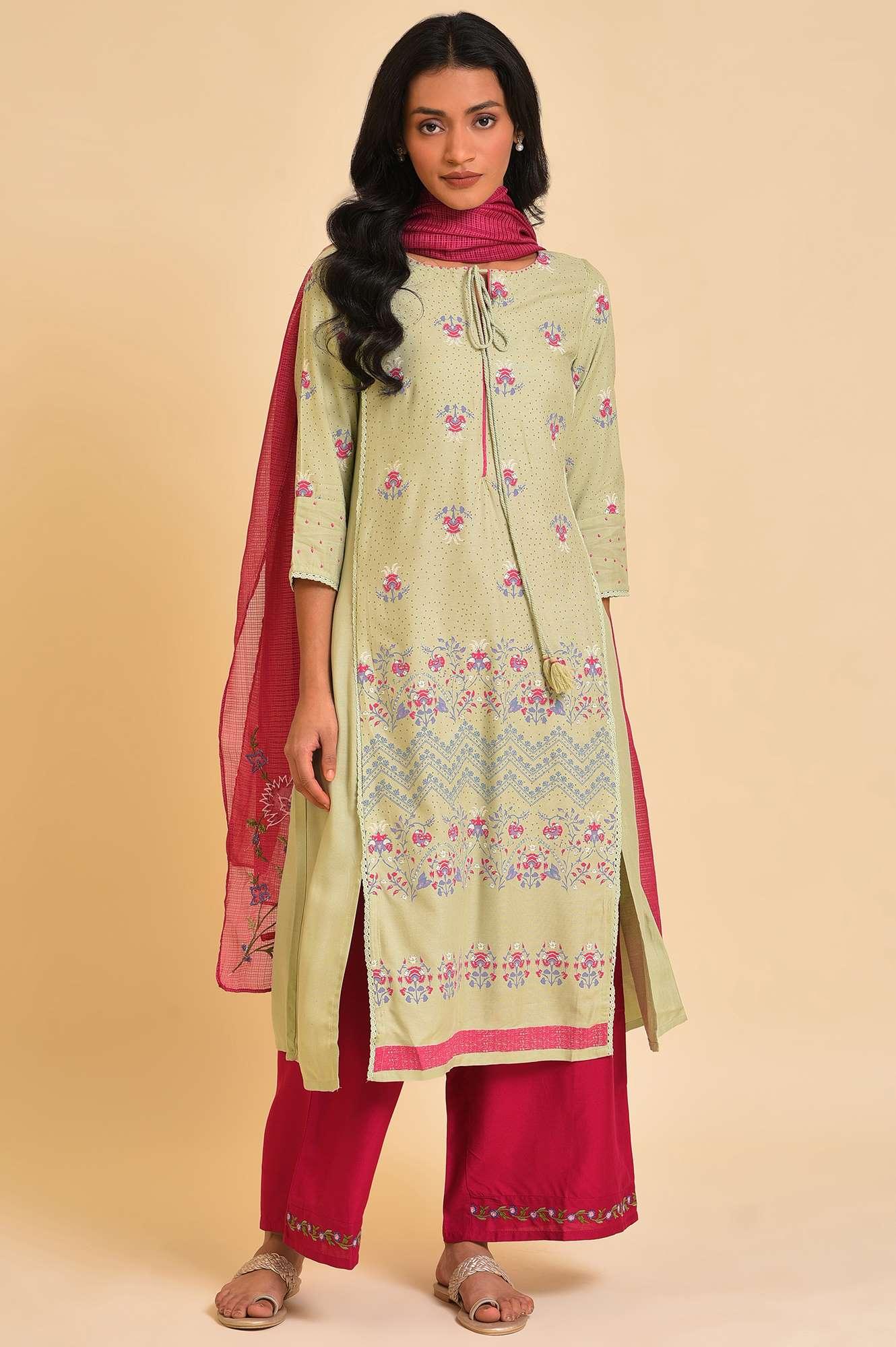 Green Embroidered kurta, Parallel Pants &amp; Dupatta Set - wforwoman