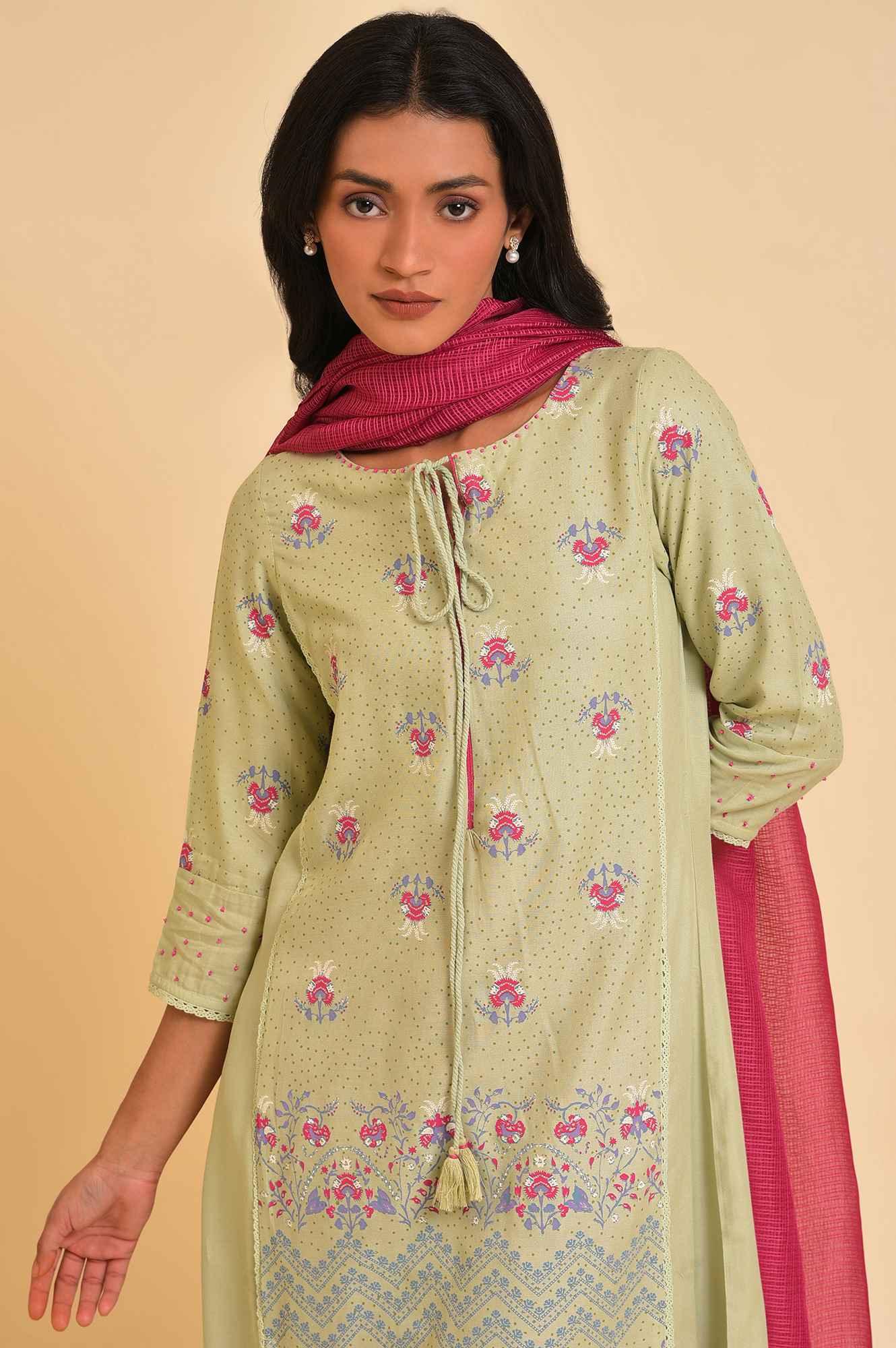 Green Embroidered kurta, Parallel Pants &amp; Dupatta Set - wforwoman