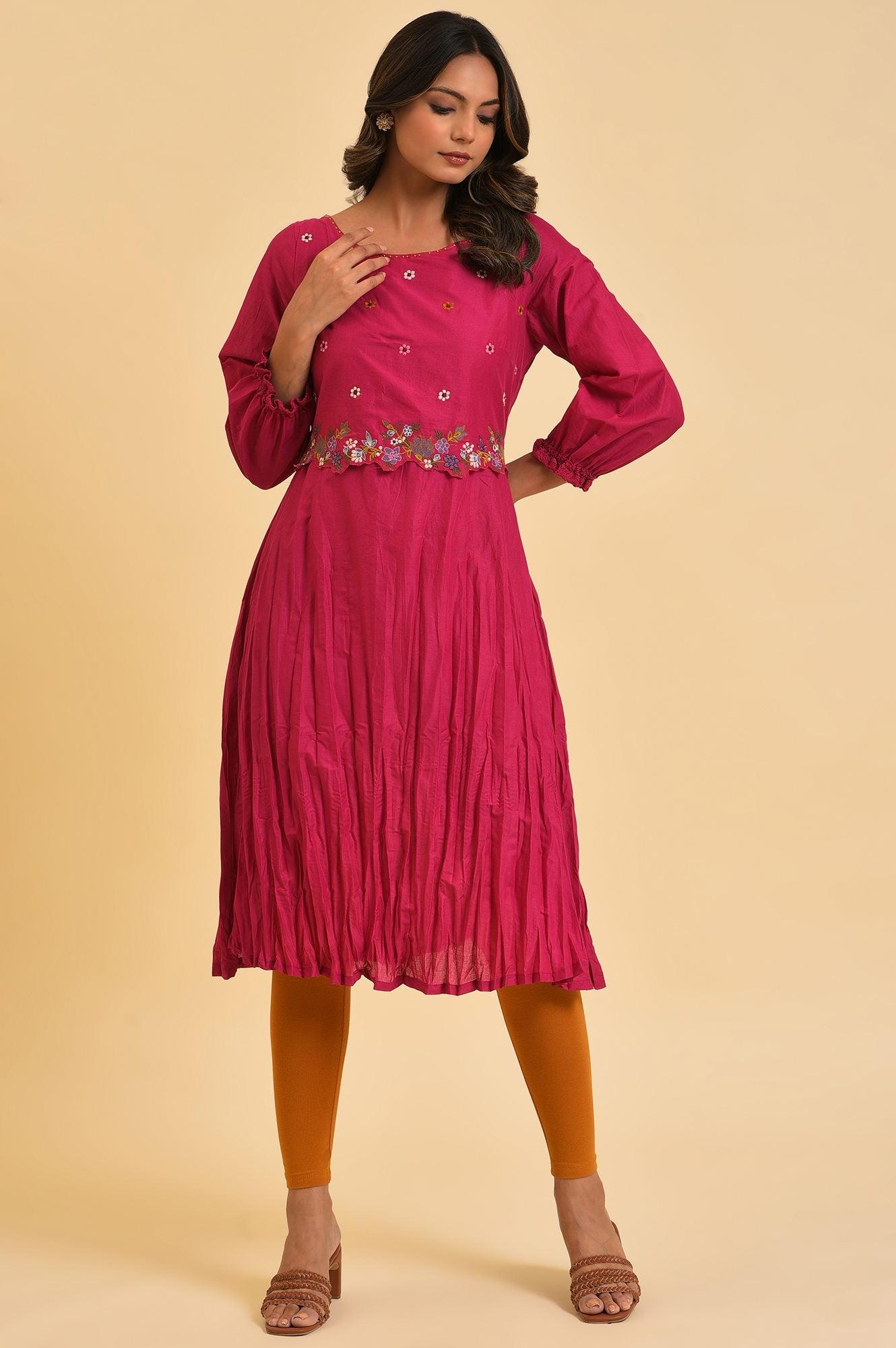 Berry Pink Embroidered kurta &amp; Tights Set - wforwoman