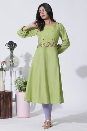 Green Embroidered A-Line Cotton Kurta And Tights Set