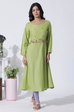 Green Embroidered A-Line Cotton Kurta And Tights Set