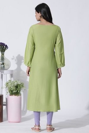 Green Embroidered A-Line Cotton Kurta And Tights Set
