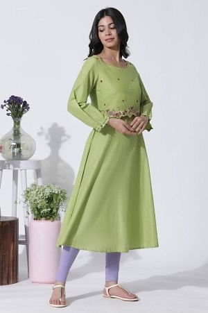 Green Embroidered A-Line Cotton Kurta And Tights Set