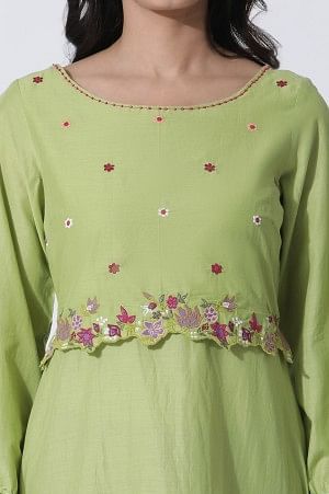 Green Embroidered A-Line Cotton Kurta And Tights Set