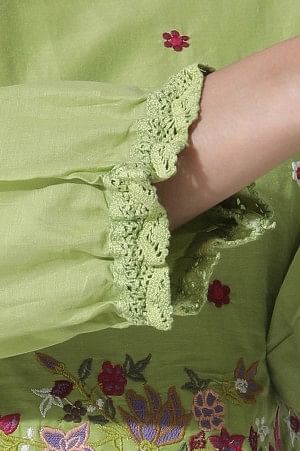 Green Embroidered A-Line Cotton Kurta And Tights Set