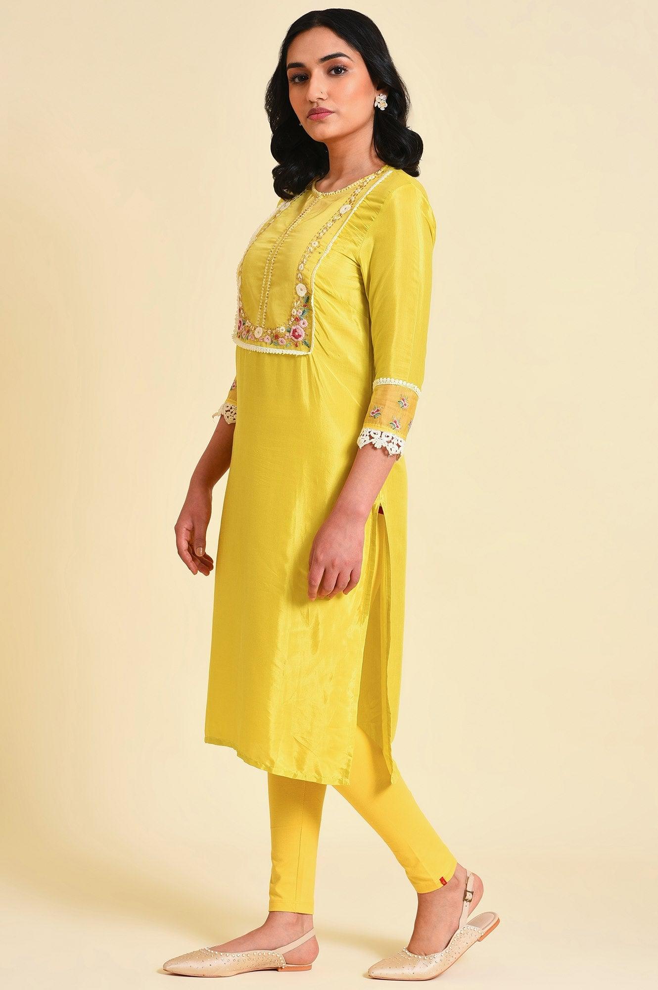 Yellow Embroidered Plus Size kurta Set - wforwoman