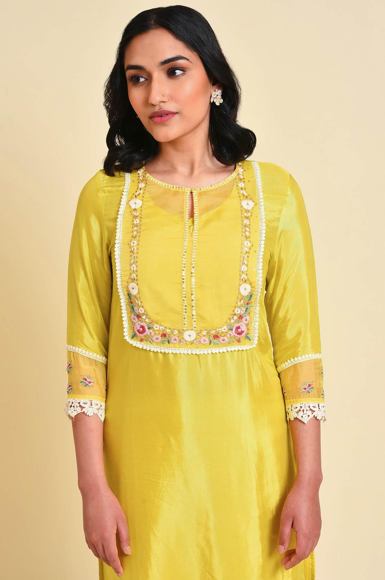 Yellow Embroidered Plus Size kurta Set - wforwoman