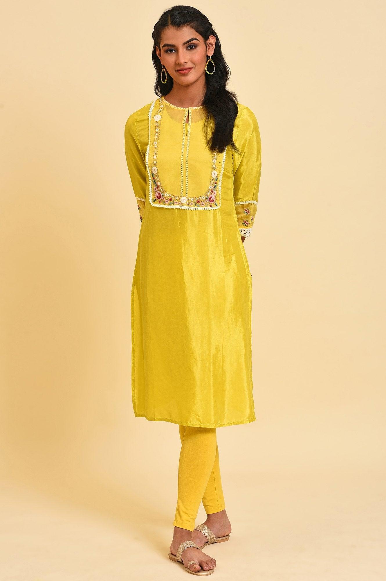 Yellow Embroidered Festive kurta Set - wforwoman