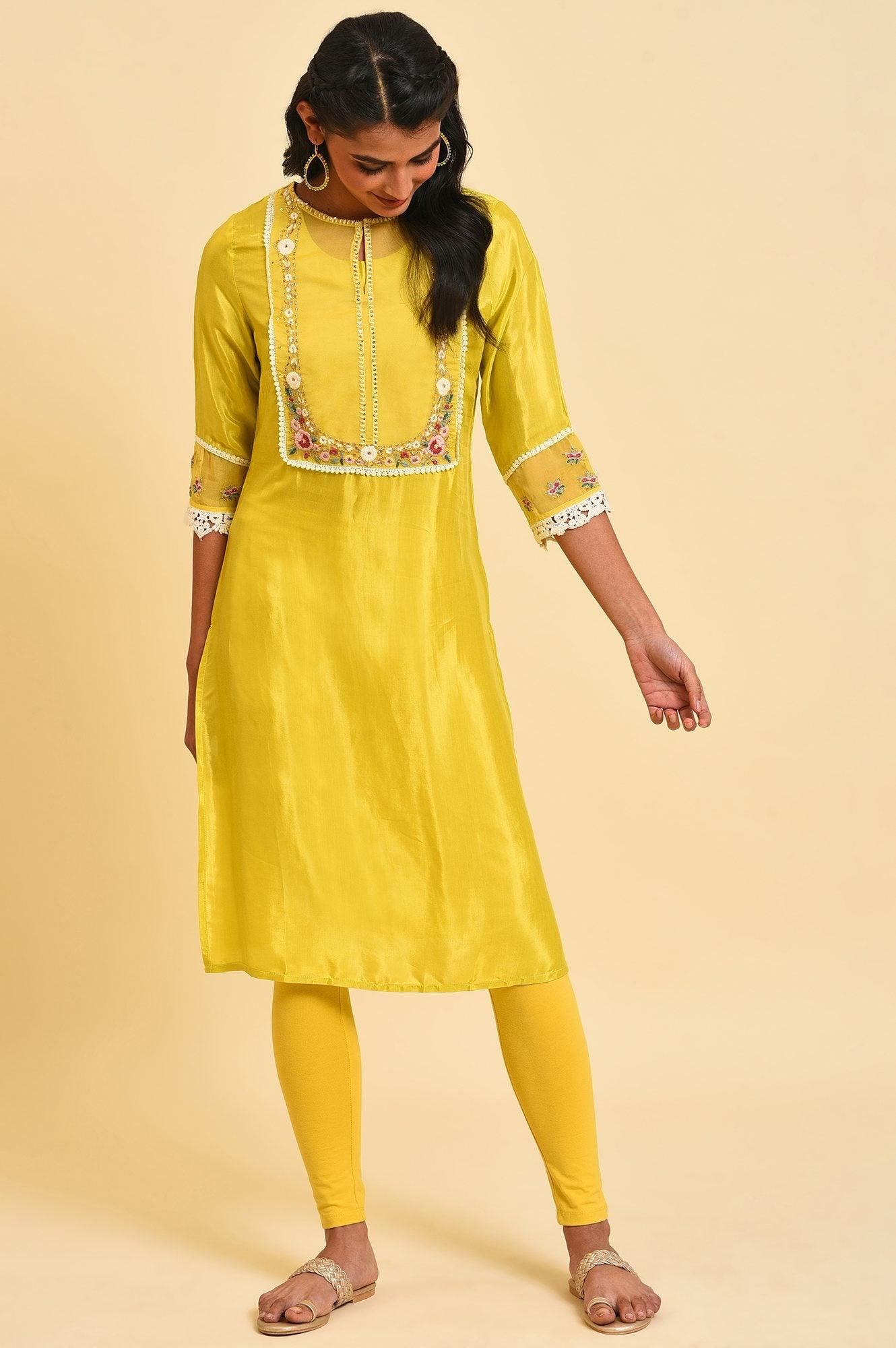 Yellow Embroidered Festive kurta Set - wforwoman