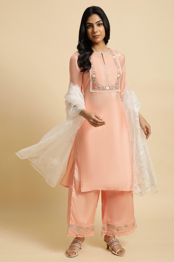 Peach Embroidered Kurta, Pants And Dupatta Set
