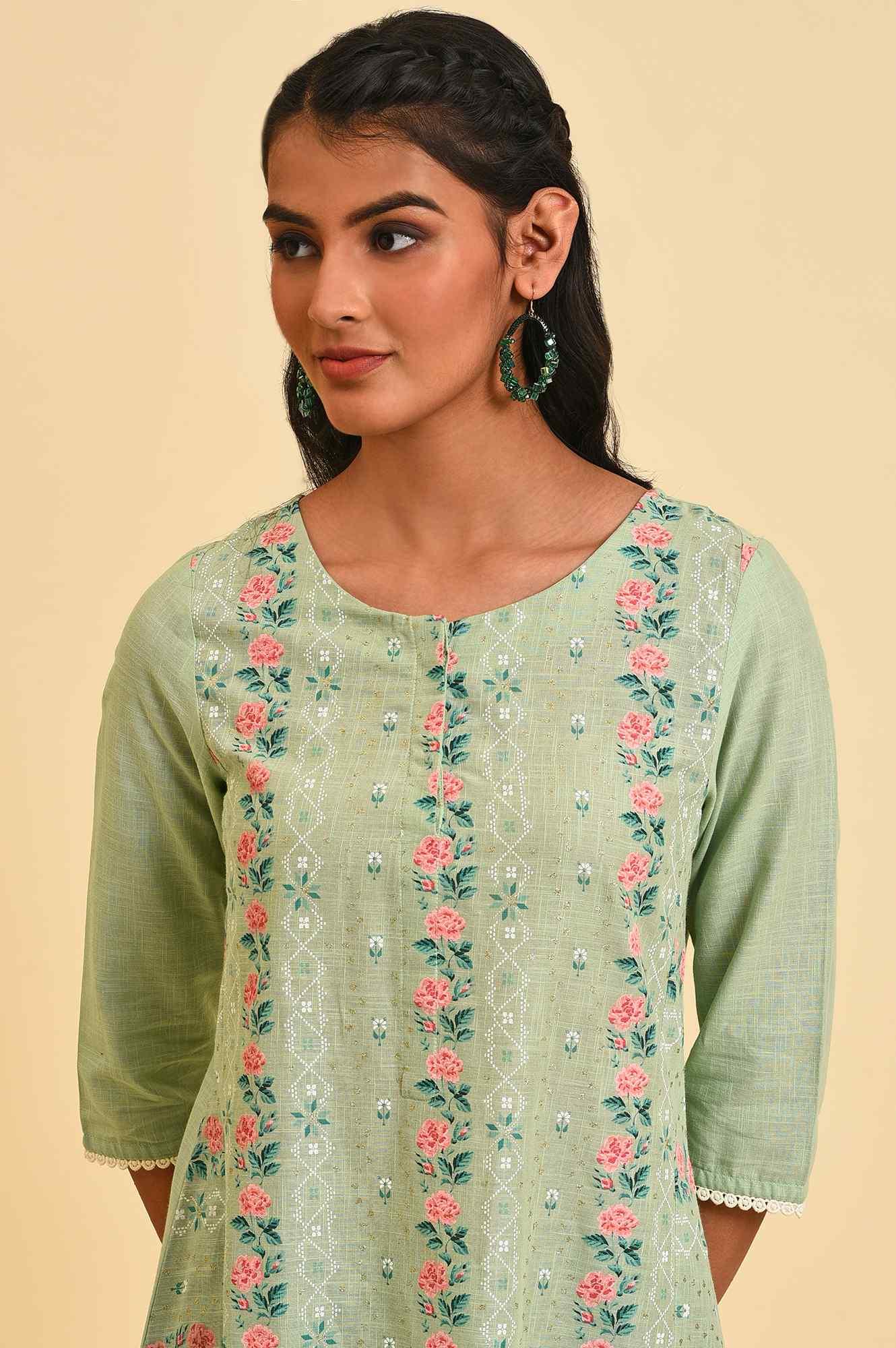 Cameo Green Floral Printed kurta Set - wforwoman