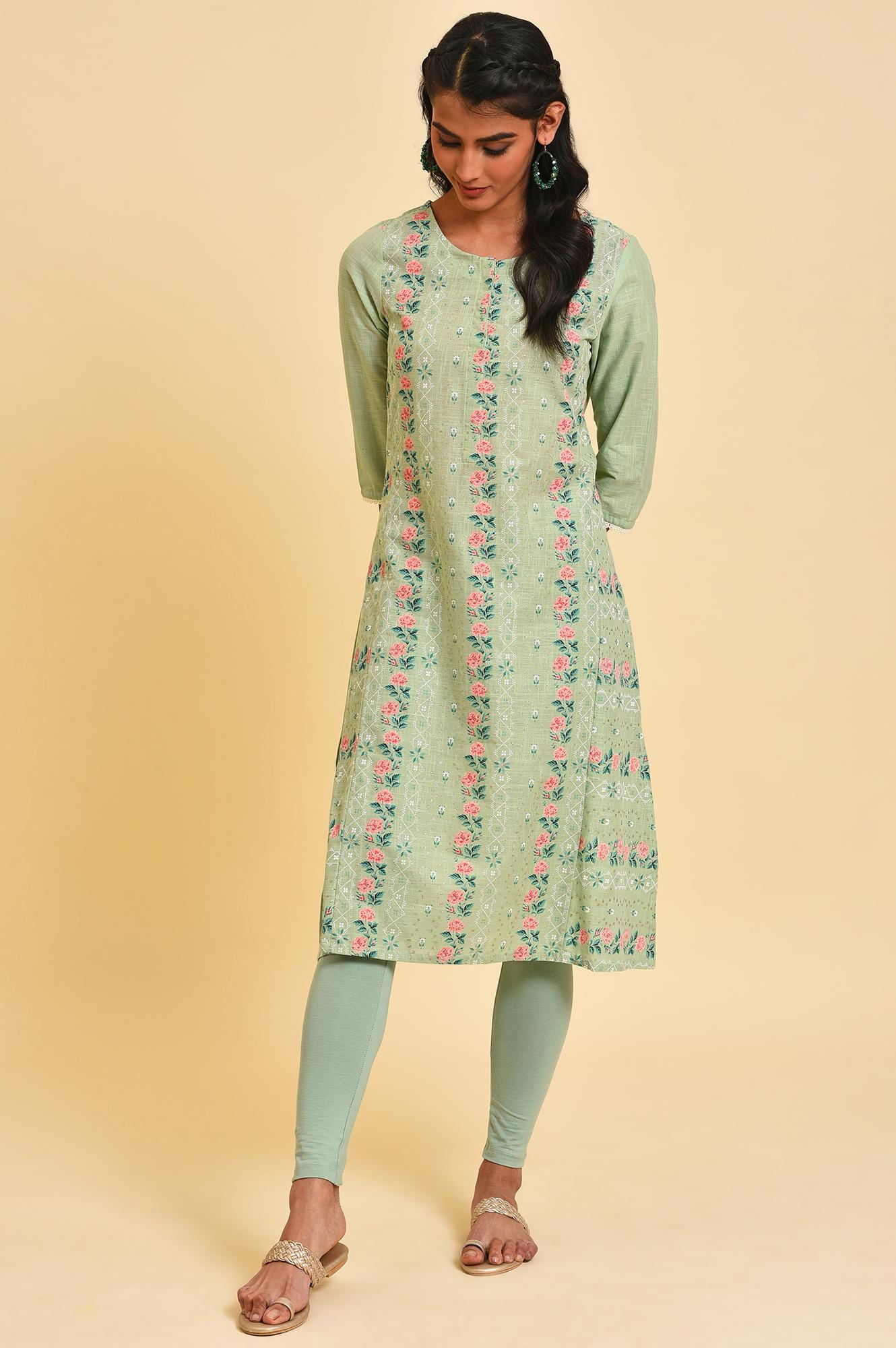 Cameo Green Floral Printed kurta Set - wforwoman