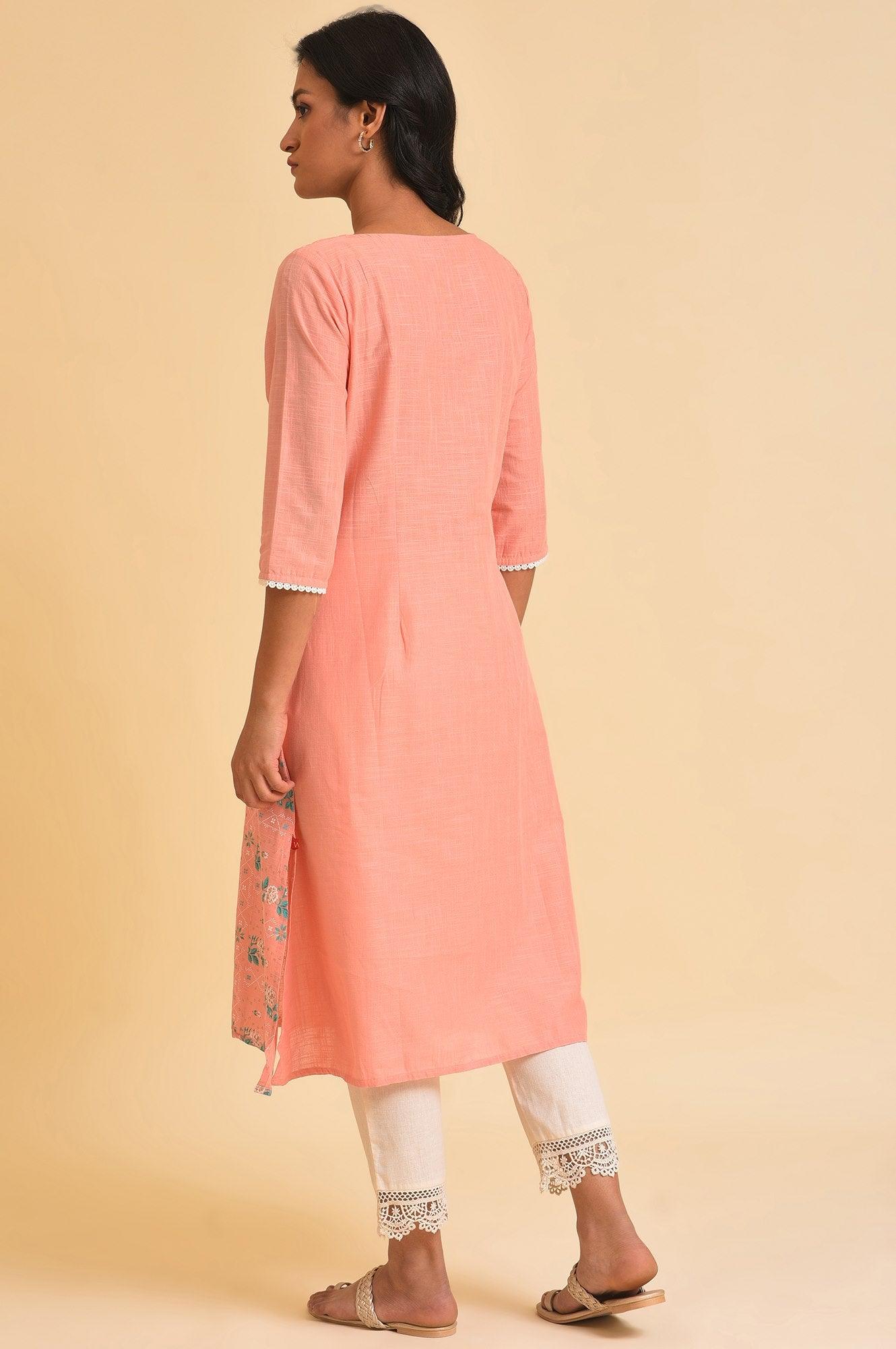 Peach Glitter Printed A-Line kurta &amp; Pants Set - wforwoman