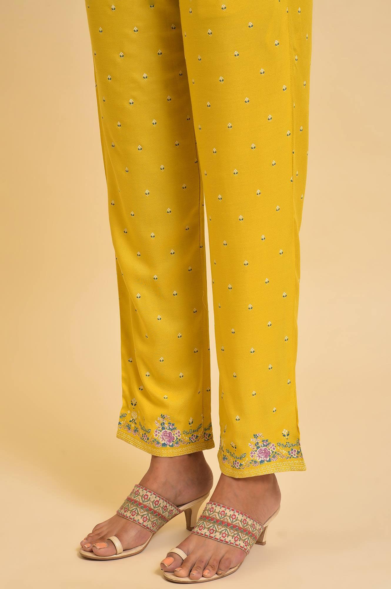 Yellow Glitter Printed Festive kurta, Pants &amp; Dupatta Set - wforwoman