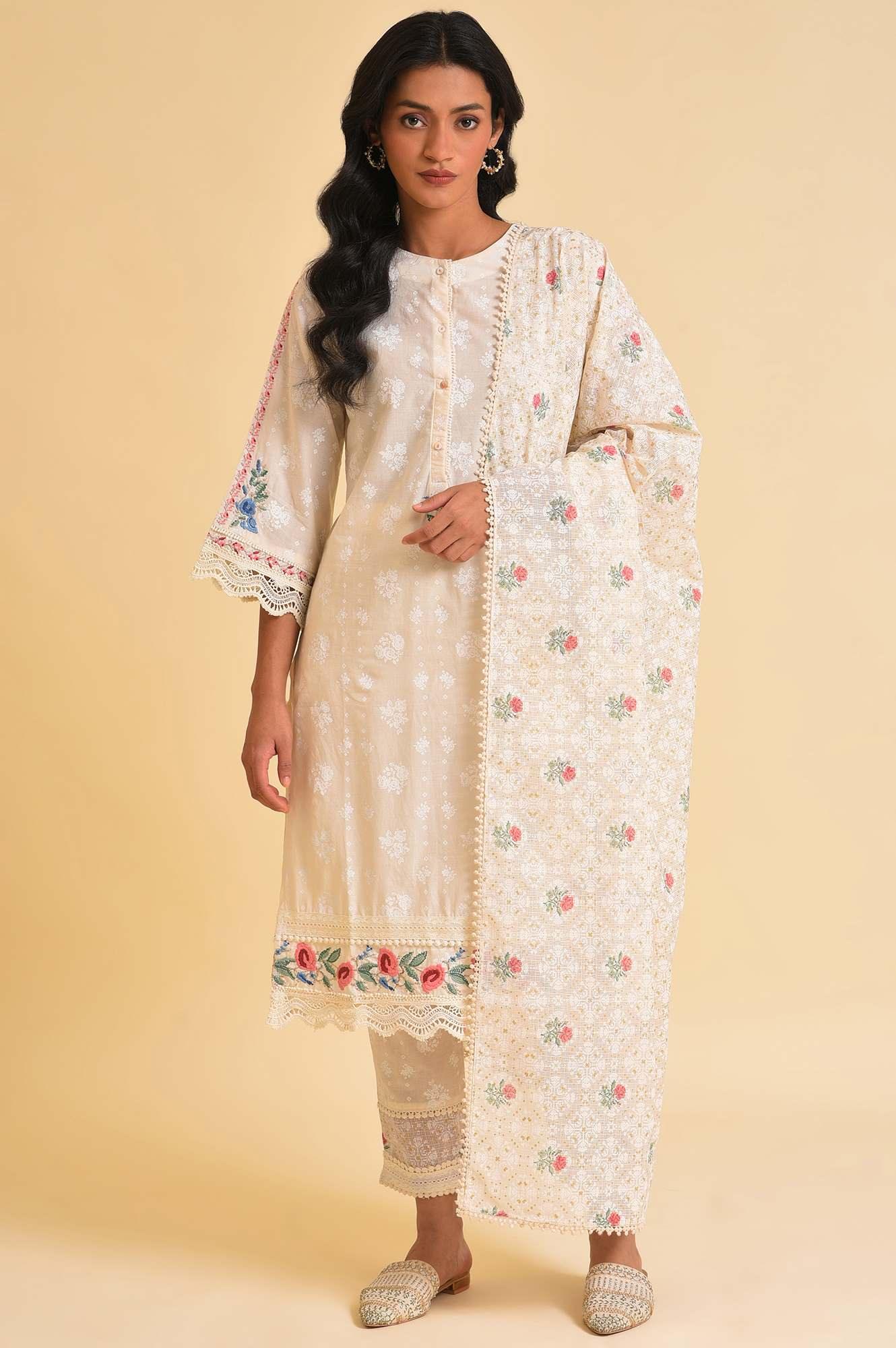 Plus Size Ecru Printed Festive kurta, Pants &amp; Dupatta Set - wforwoman