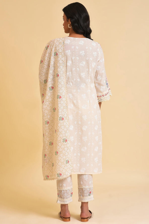 Ecru Printed Festive kurta, Pants & Dupatta Set