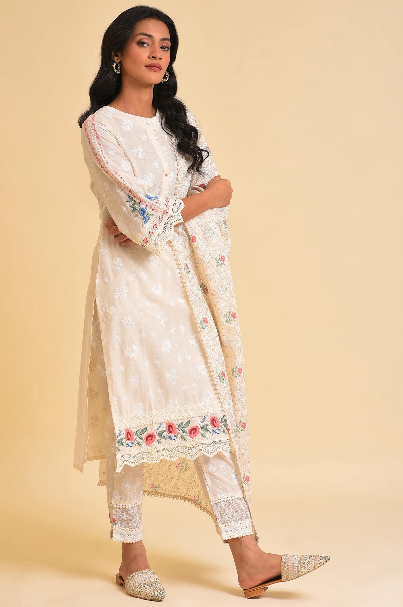 Plus Size Ecru Printed Festive kurta, Pants &amp; Dupatta Set - wforwoman