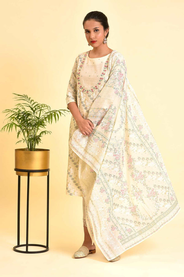 Ecru Embellished Festive Kurta, Pants And Dupatta Set