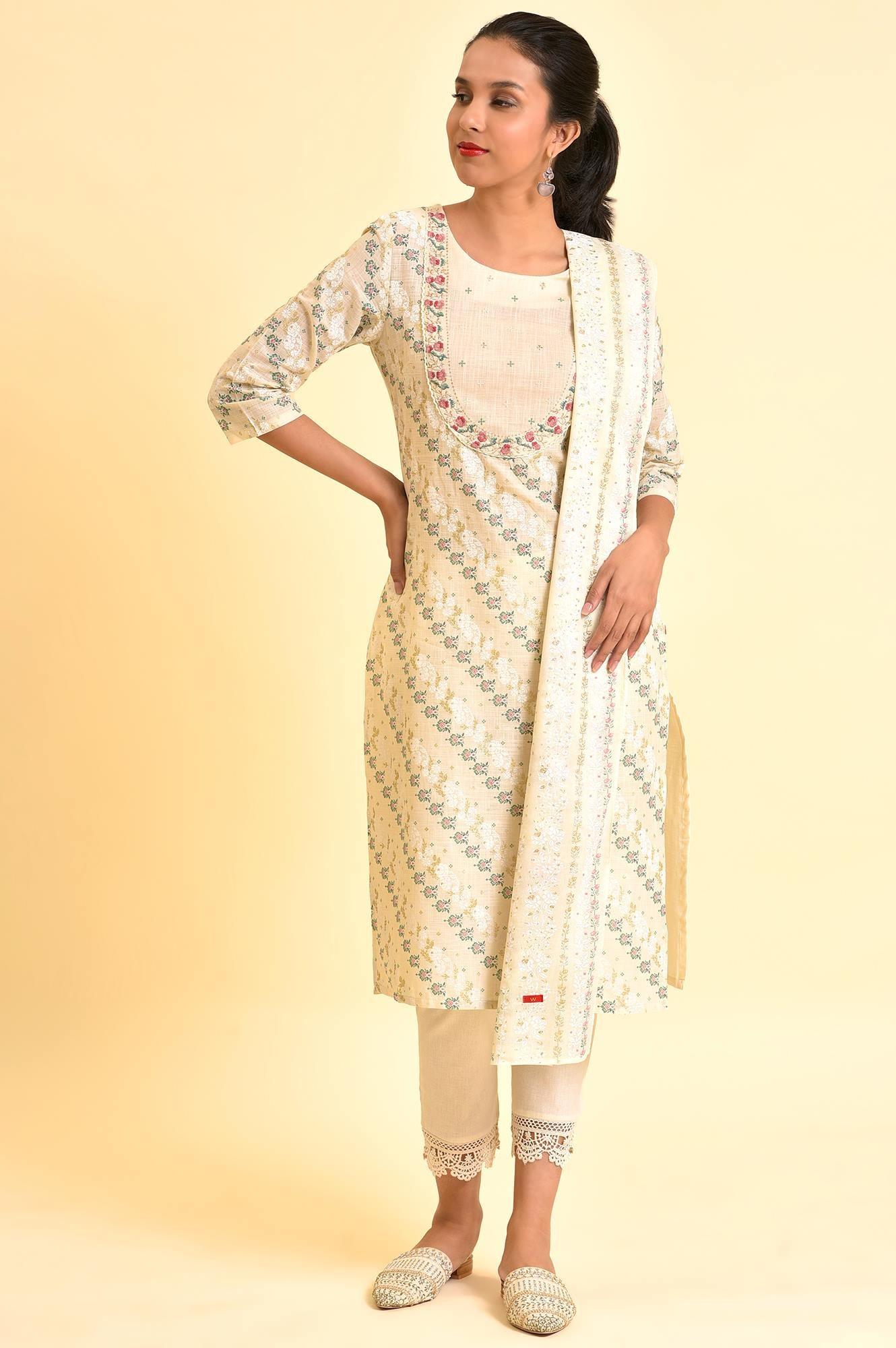 Ecru Embellished Festive Kurta, Pants And Dupatta Set - wforwoman