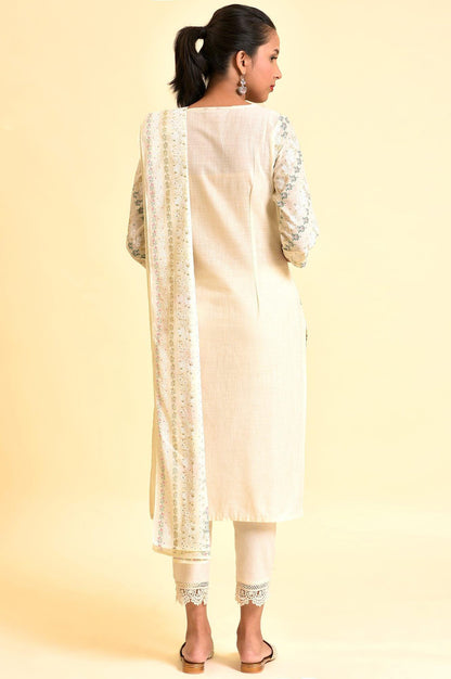 Ecru Embellished Festive Kurta, Pants And Dupatta Set - wforwoman