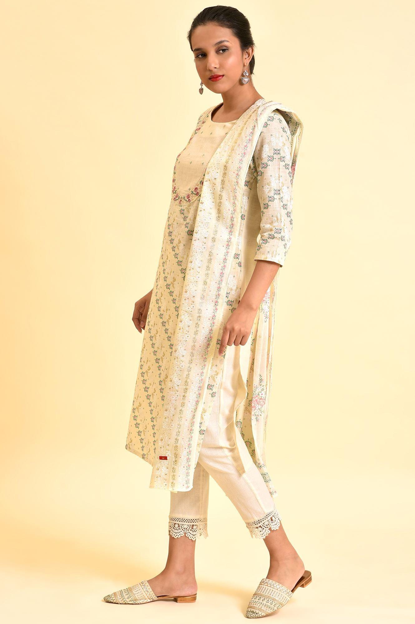 Ecru Embellished Festive Kurta, Pants And Dupatta Set - wforwoman