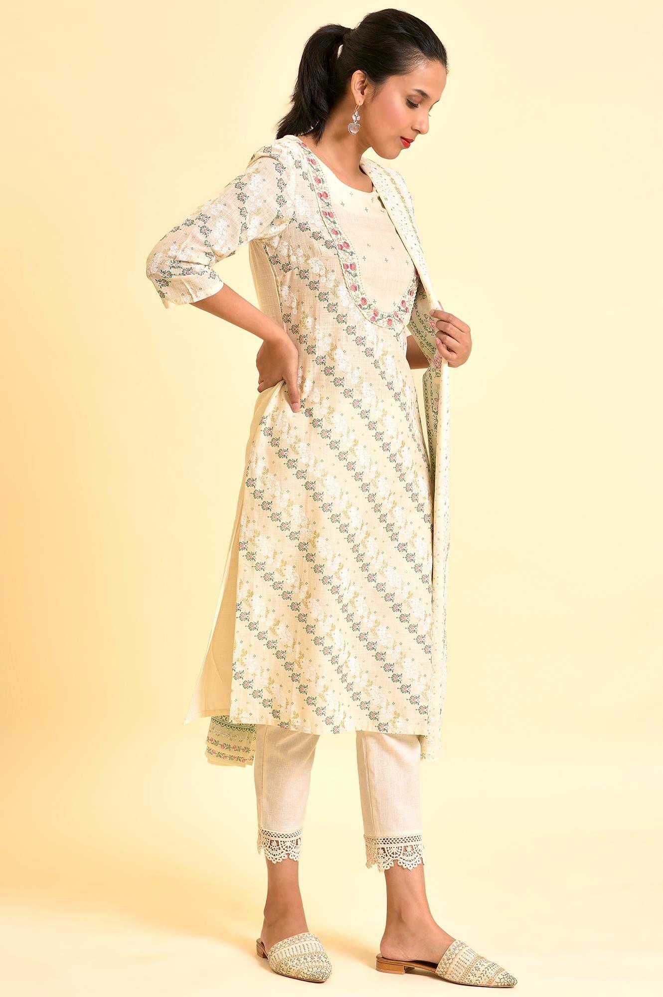 Ecru Embellished Festive Kurta, Pants And Dupatta Set - wforwoman