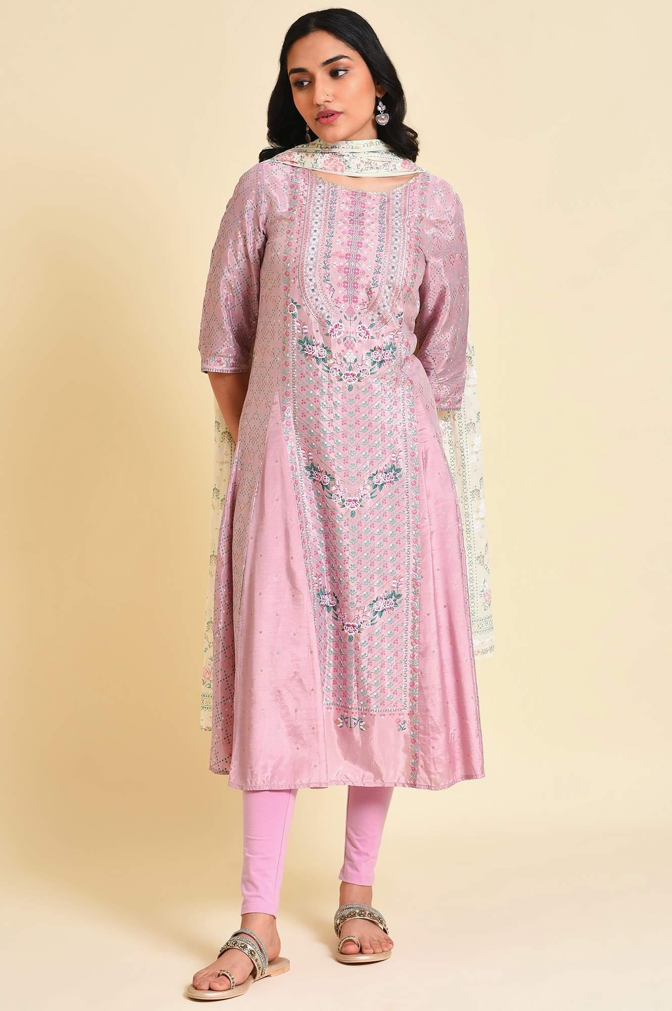 Light Purple A-Line Shantung kurta Set - wforwoman