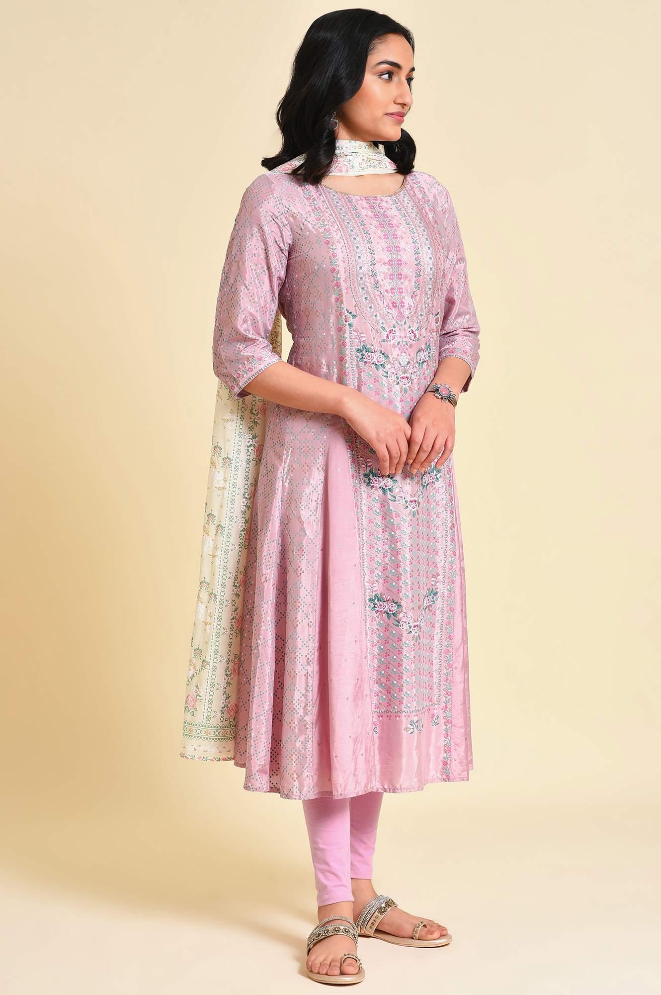 Light Purple A-Line Shantung kurta Set - wforwoman