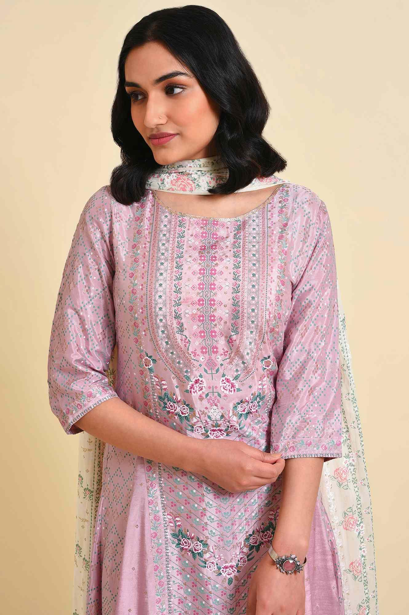 Light Purple A-Line Shantung kurta Set - wforwoman