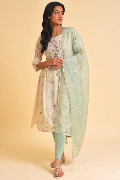 Beige Floral Print kurta, Tights &amp; Dupatta Set - wforwoman